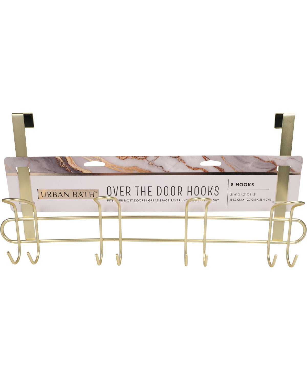 Urban Bath over-the-door hooks in a brushed gold finish, shown with the retail packaging card against a plain white background.