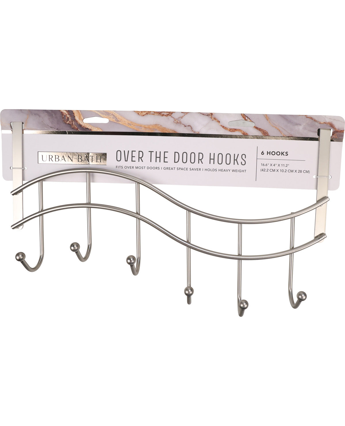 Urban Bath over-the-door hooks in a silver finish, shown on their retail backing card against a white background.