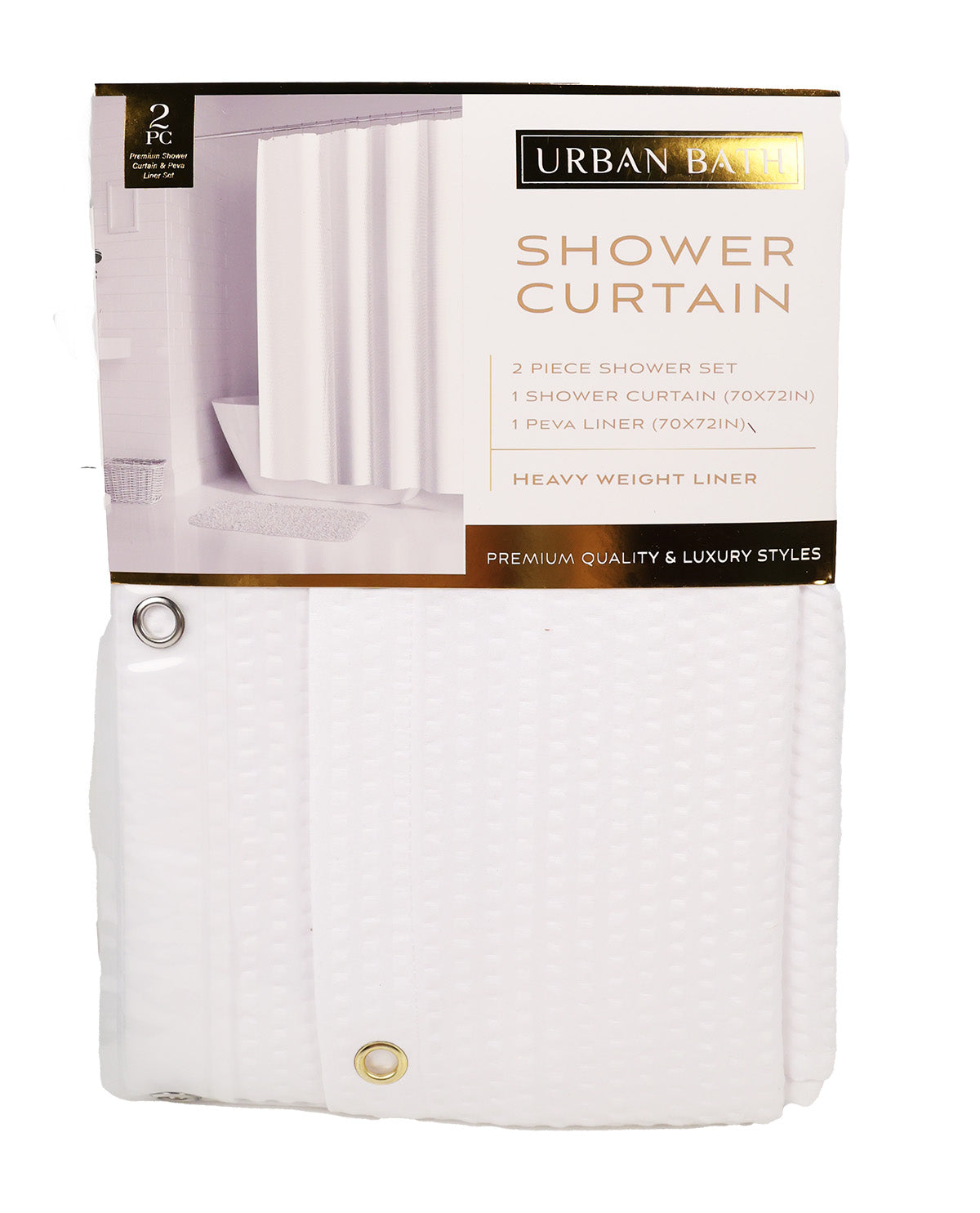 A packaged white shower curtain set with a printed header card. The product includes a textured shower curtain and a matching liner, with metal grommets visible on the front.