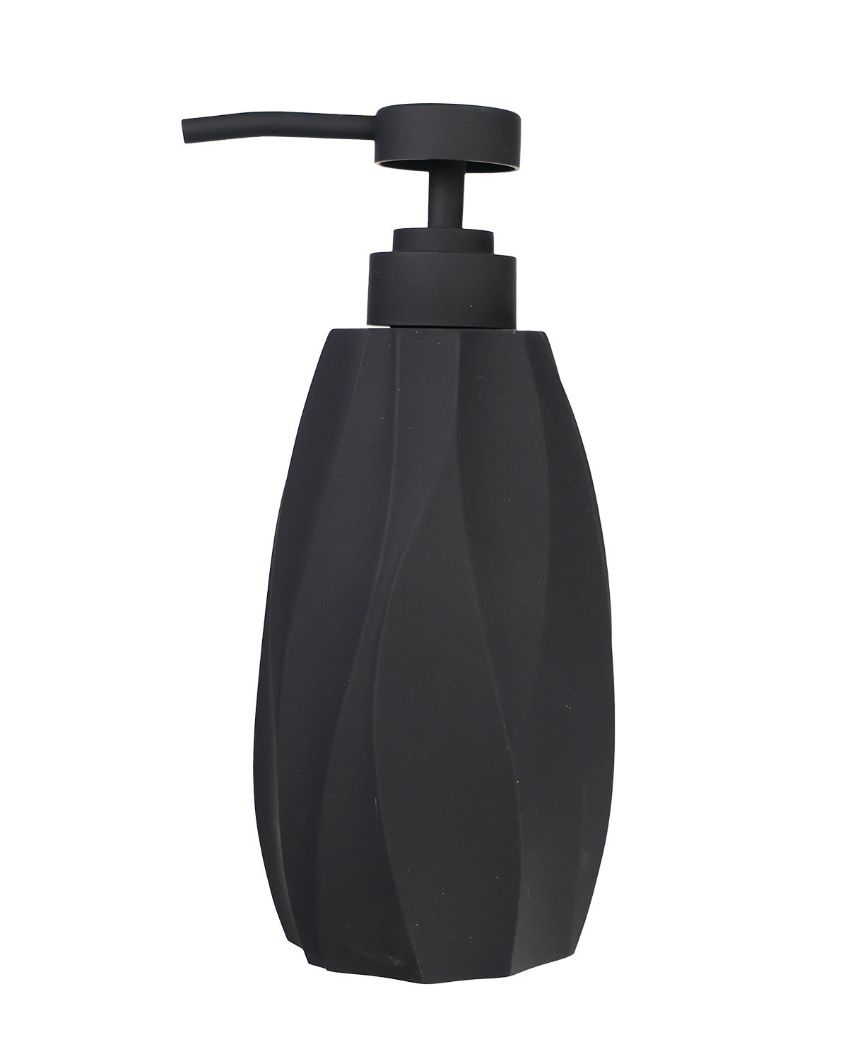 A matte black pump dispenser bottle with a faceted, geometric design, shown against a plain white background.
