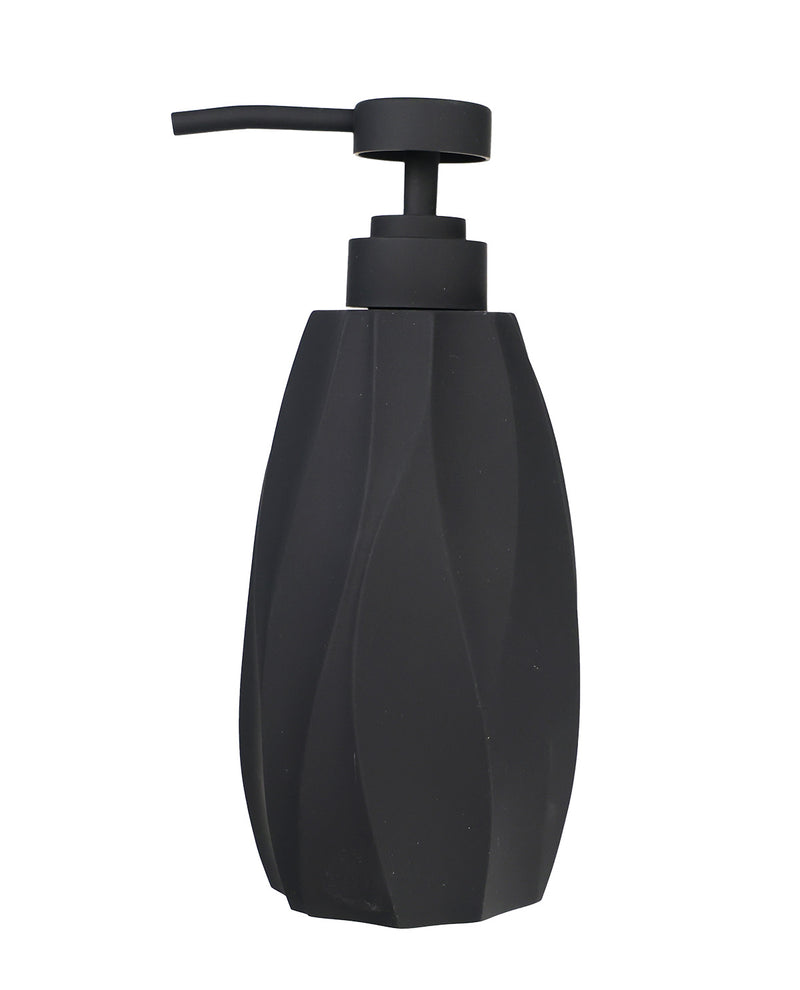 A matte black pump dispenser bottle with a faceted, geometric design, shown against a plain white background.