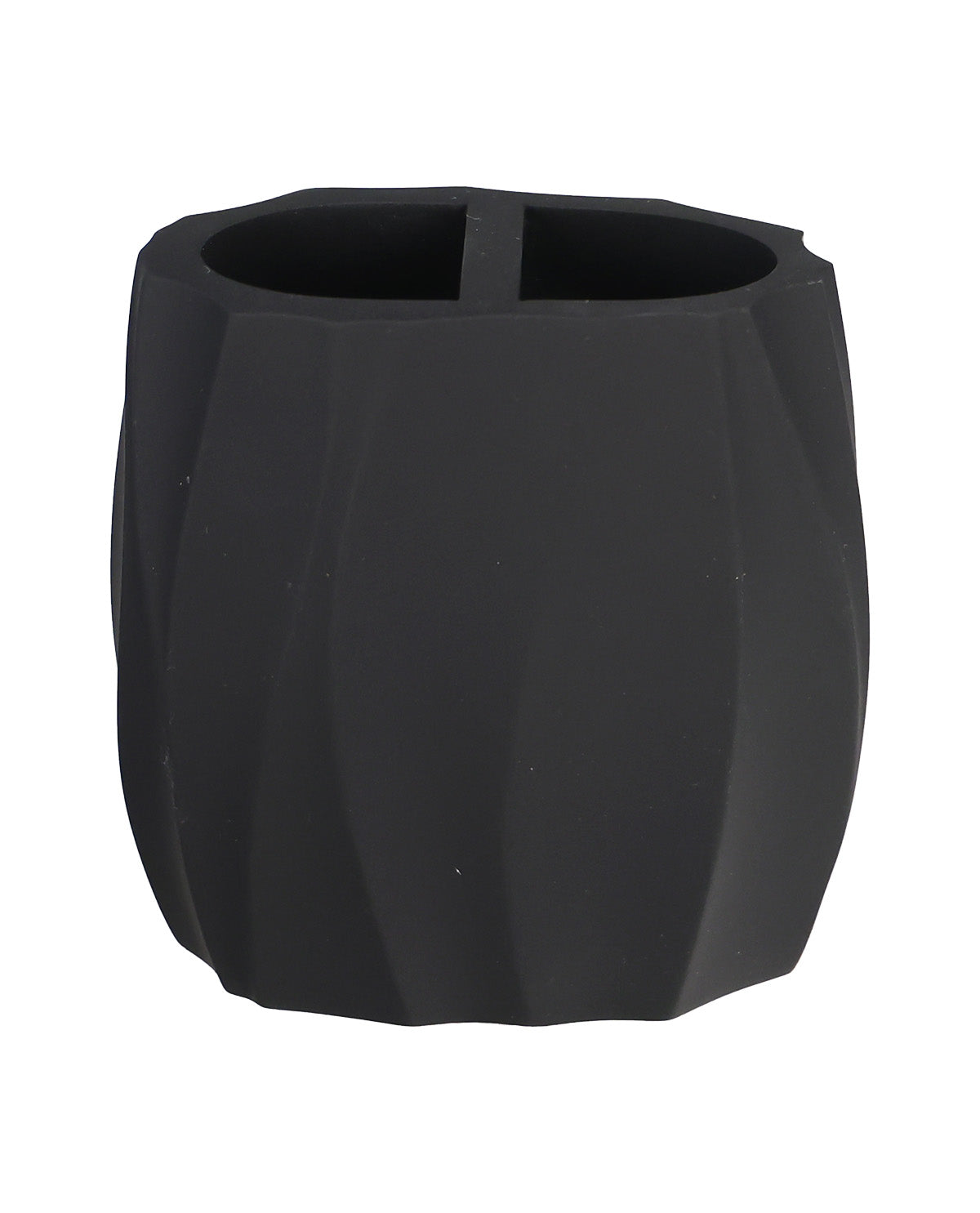 A matte black plastic cup with a unique faceted, ribbed exterior design, shown on a plain white background.