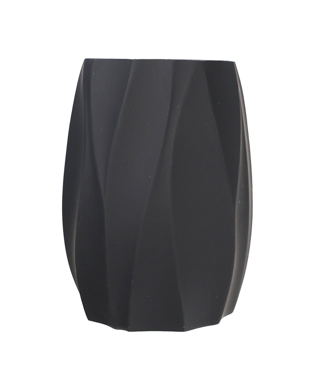 A black modern pedestal table lamp with a faceted, geometric design and a flared top rim, shown against a plain white background.