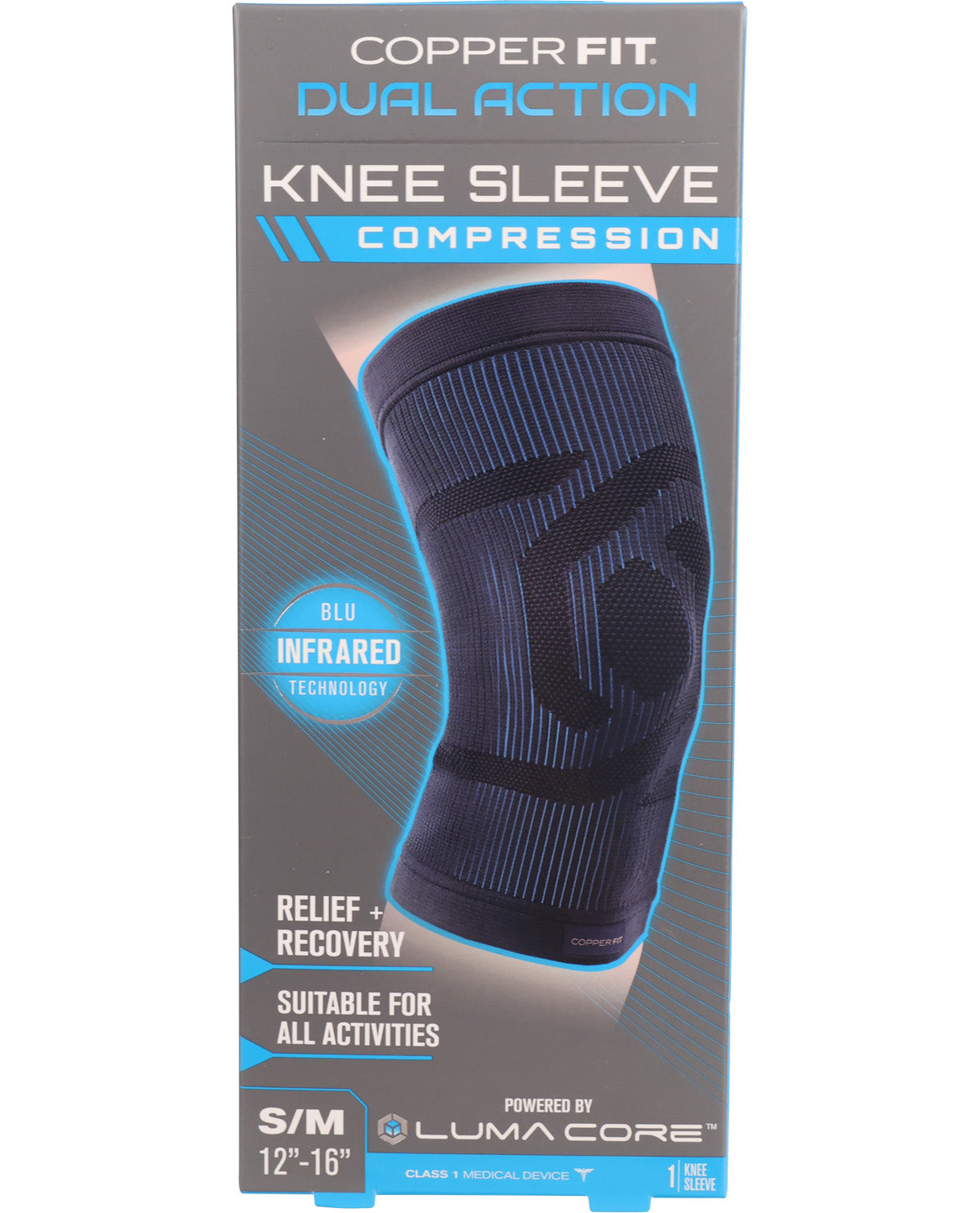 Copper Fit knee sleeve packaging with blue and black design on a gray background