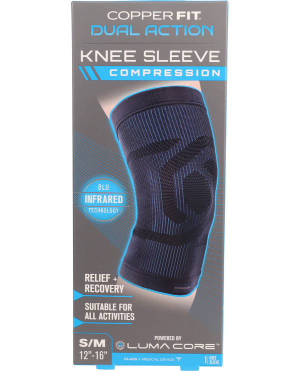 Copper Fit knee sleeve packaging with blue and black design on a gray background