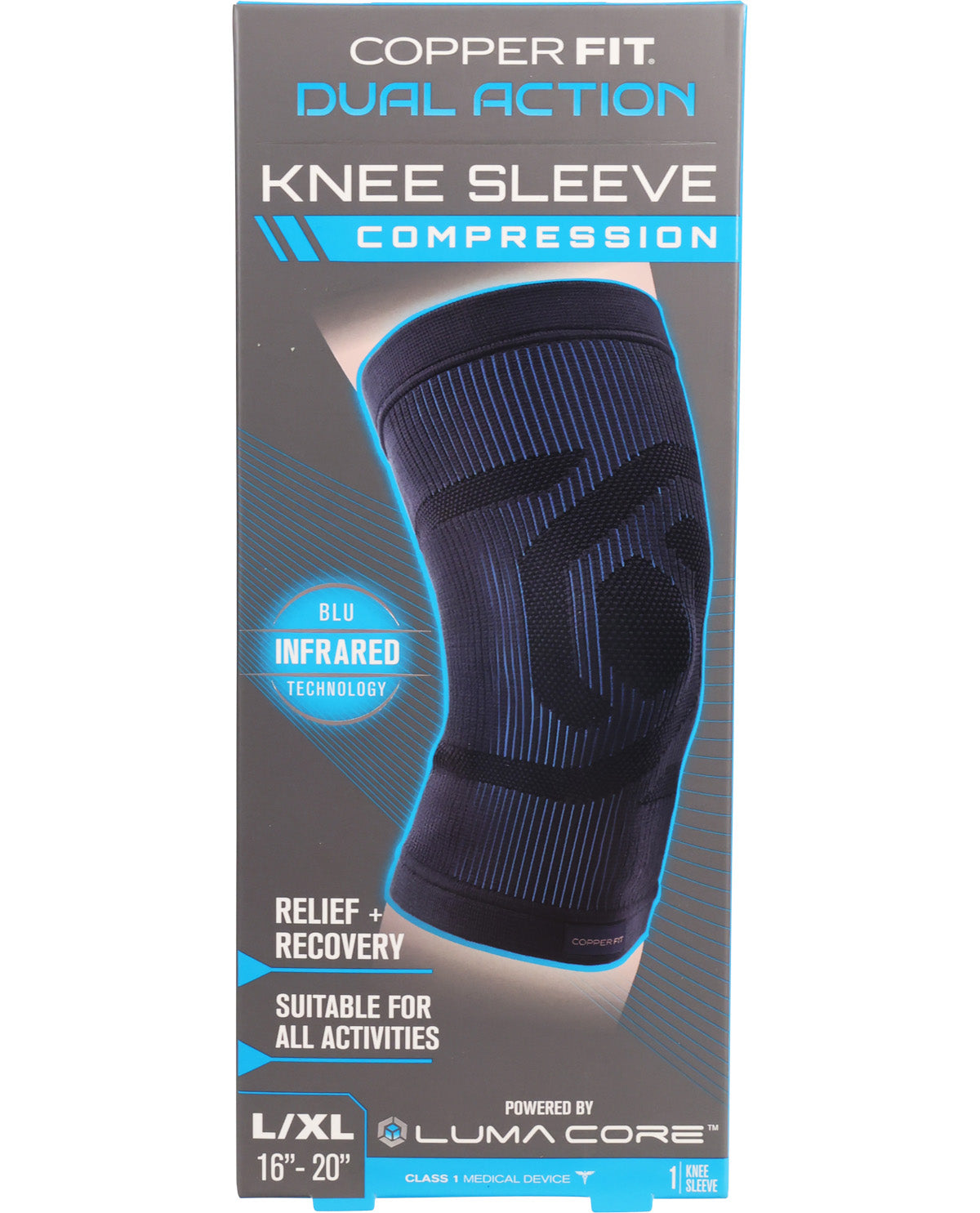Copper Fit knee sleeve packaging with blue compression bandage on a gray background