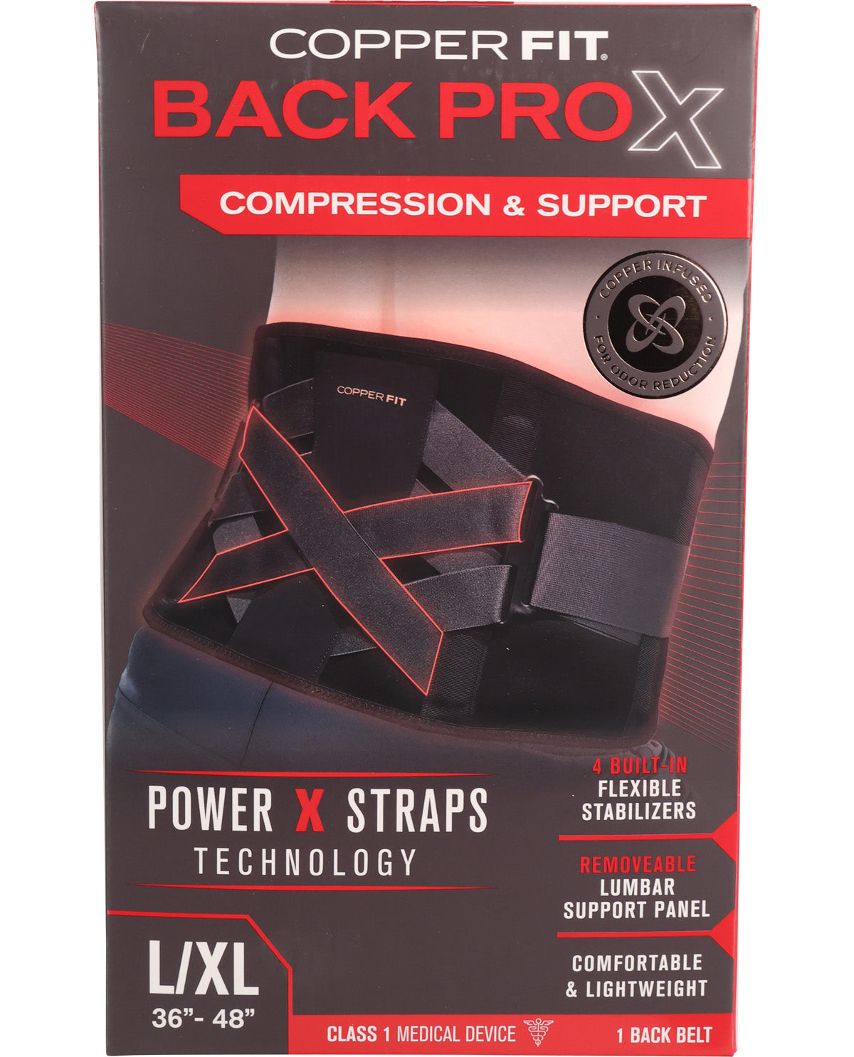 Copper Fit Back Pro X compression and support product packaging on a white background