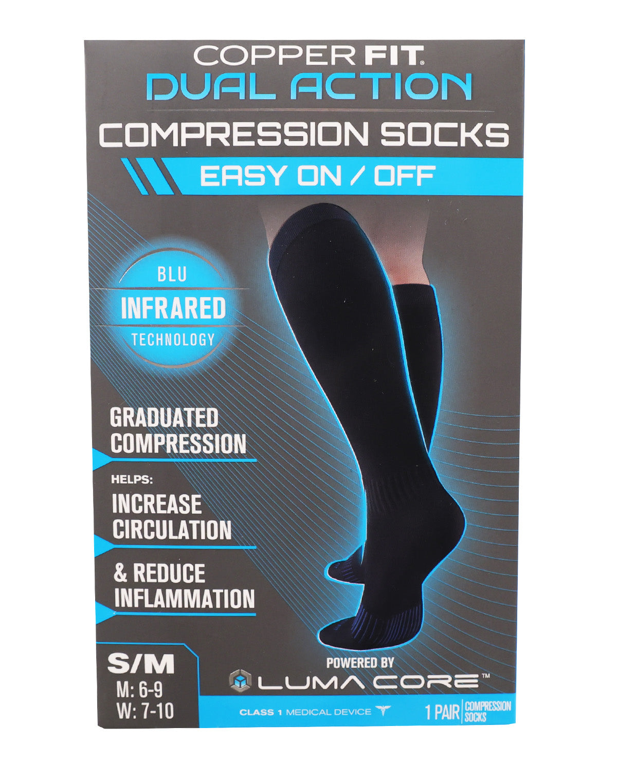 Copper Fit Dual Action Compression Socks packaging box, featuring a black sock on a leg illustration, with text highlighting infrared technology and graduated compression.