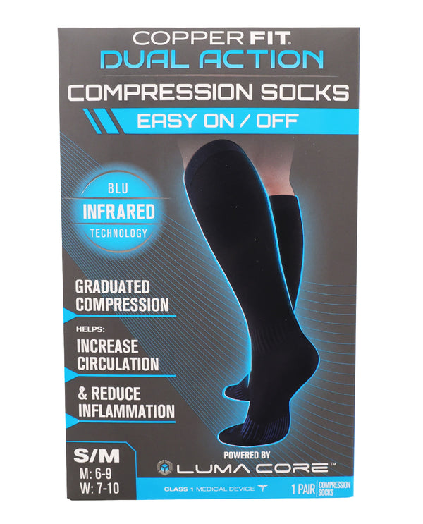 Copper Fit Dual Action Compression Socks packaging box, featuring a black sock on a leg illustration, with text highlighting infrared technology and graduated compression.