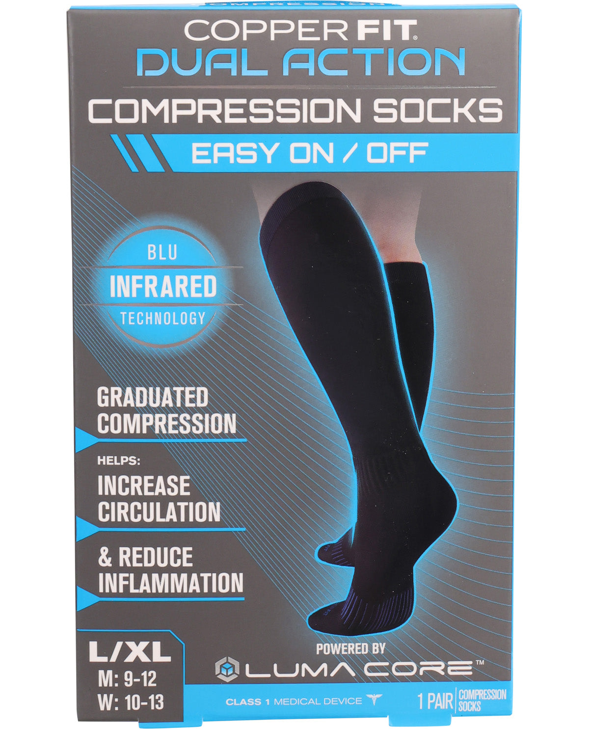 Box of Copper Fit Dual Action Compression Socks with a person wearing socks on a gray background