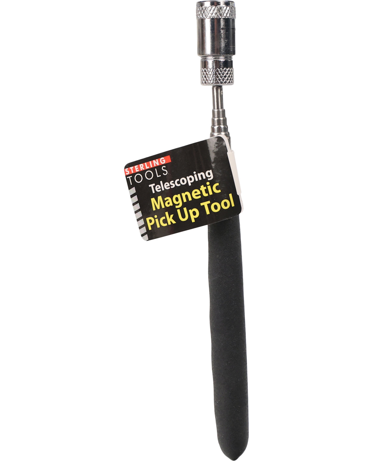 A Sterling Tools telescoping magnetic pick up tool with a black foam handle, silver metal shaft, and a black product tag attached, shown on a plain white background.