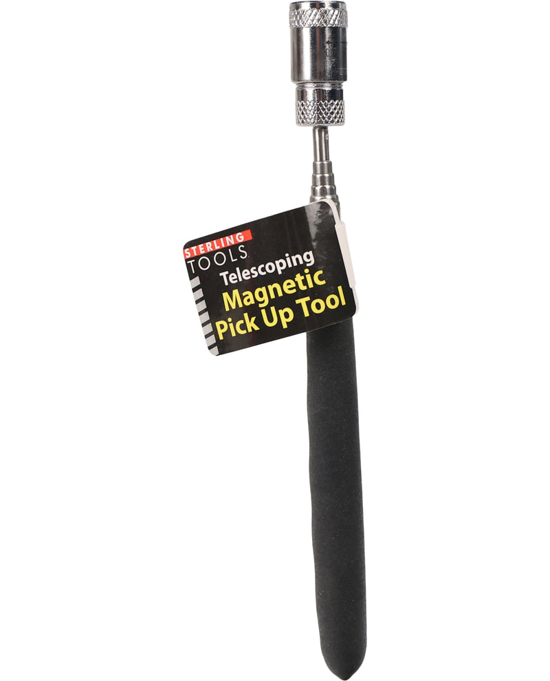 A Sterling Tools telescoping magnetic pick up tool with a black foam handle, silver metal shaft, and a black product tag attached, shown on a plain white background.