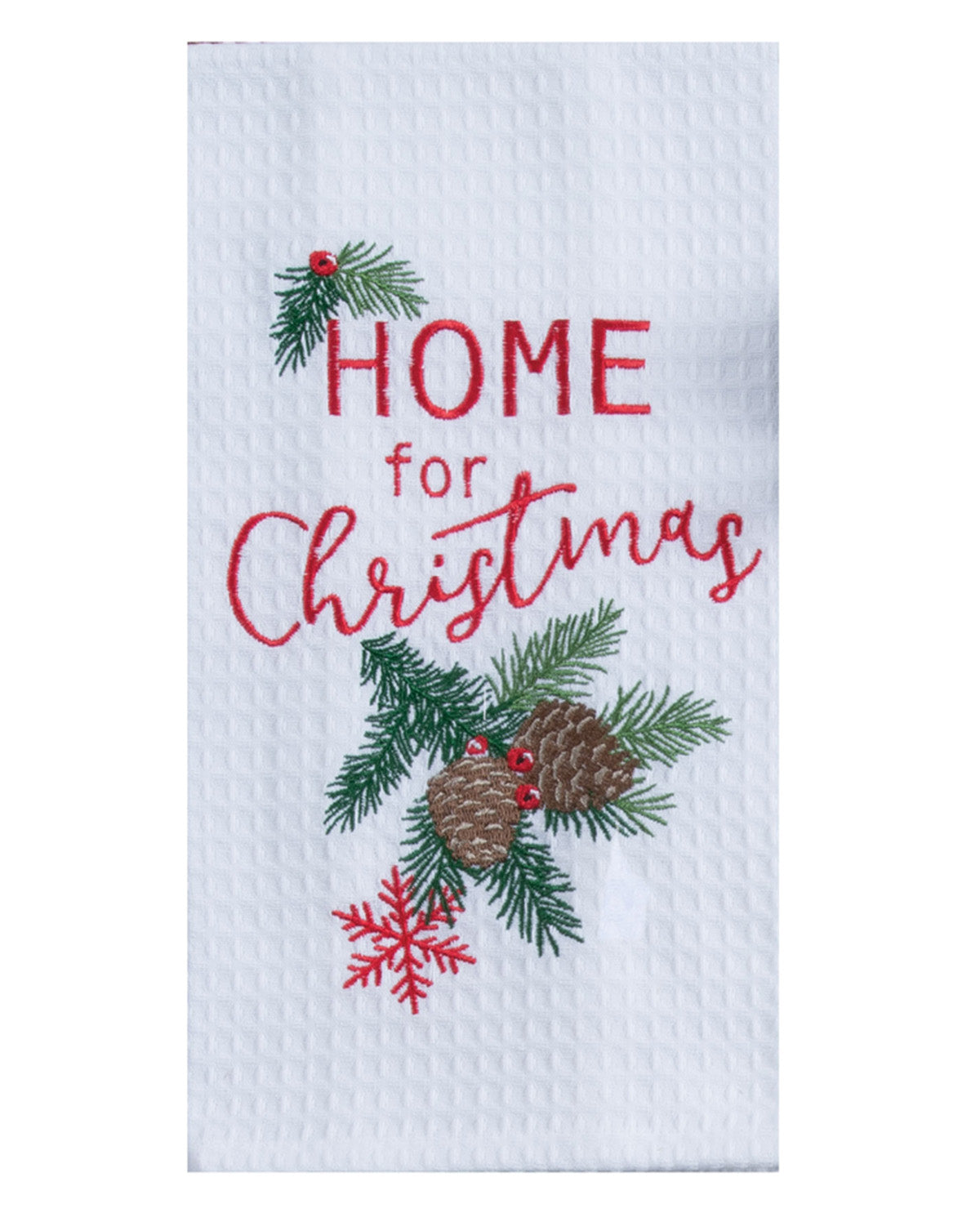 White towel with 'Home for Christmas' text and festive decorations on a white background