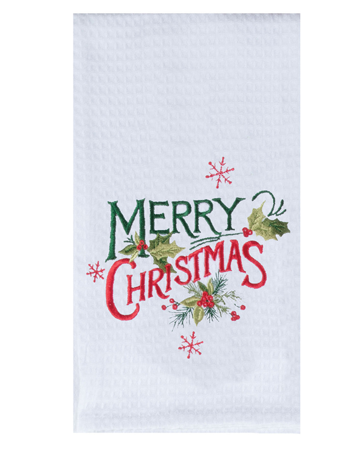 White towel with 'Merry Christmas' text and festive designs on a white background