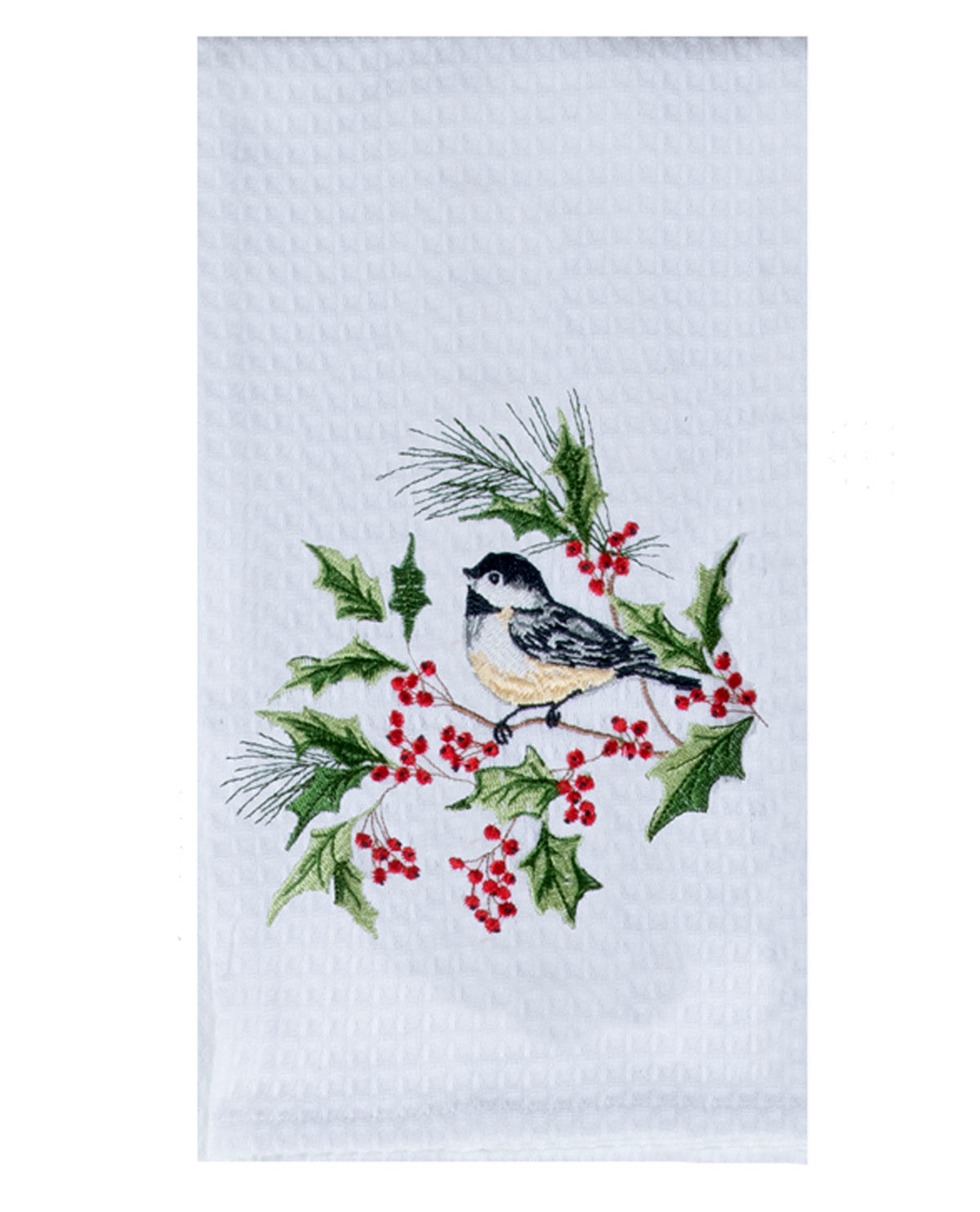 Decorative towel with a bird and holly design on a white background