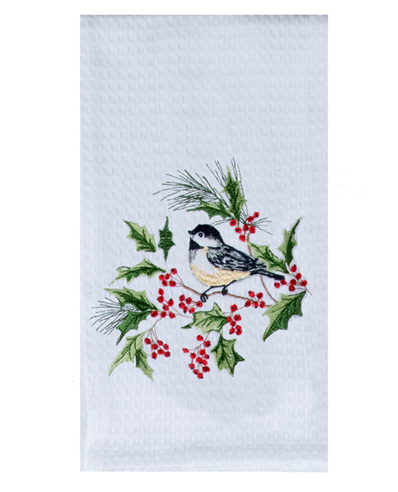 Decorative towel with a bird and holly design on a white background