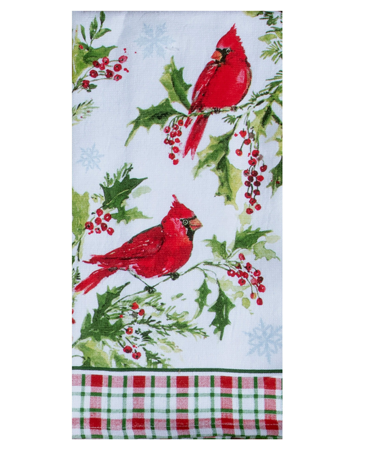 Christmas-themed towel with red cardinals, holly, and berries on a white background