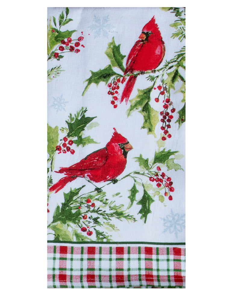Christmas-themed towel with red cardinals, holly, and berries on a white background