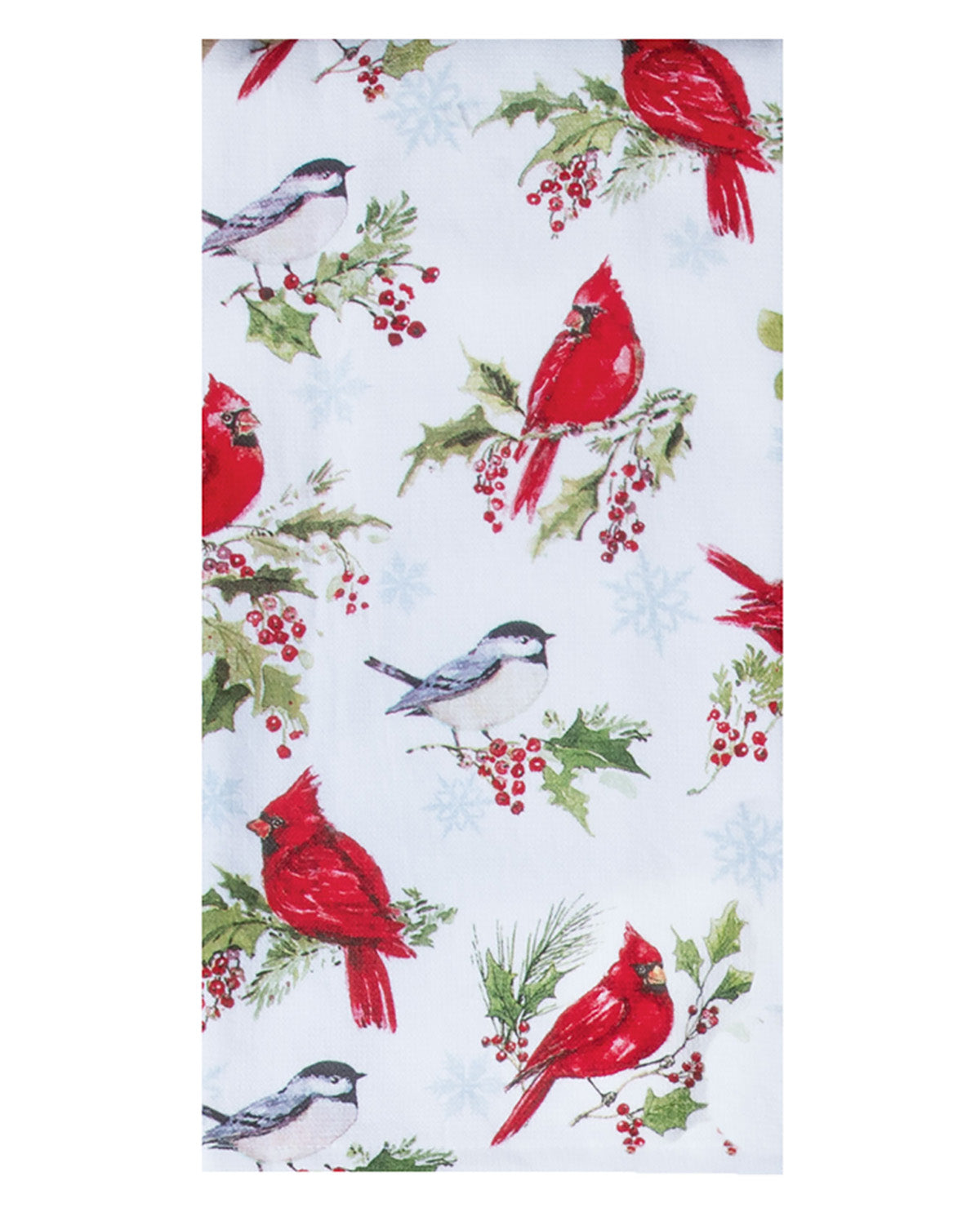 Patterned fabric with red cardinals, blackbirds, and greenery on a white background