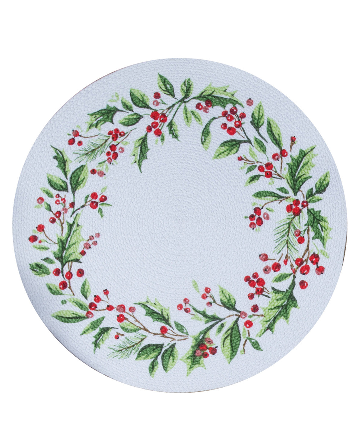 Round coaster with holly berry design on a white background