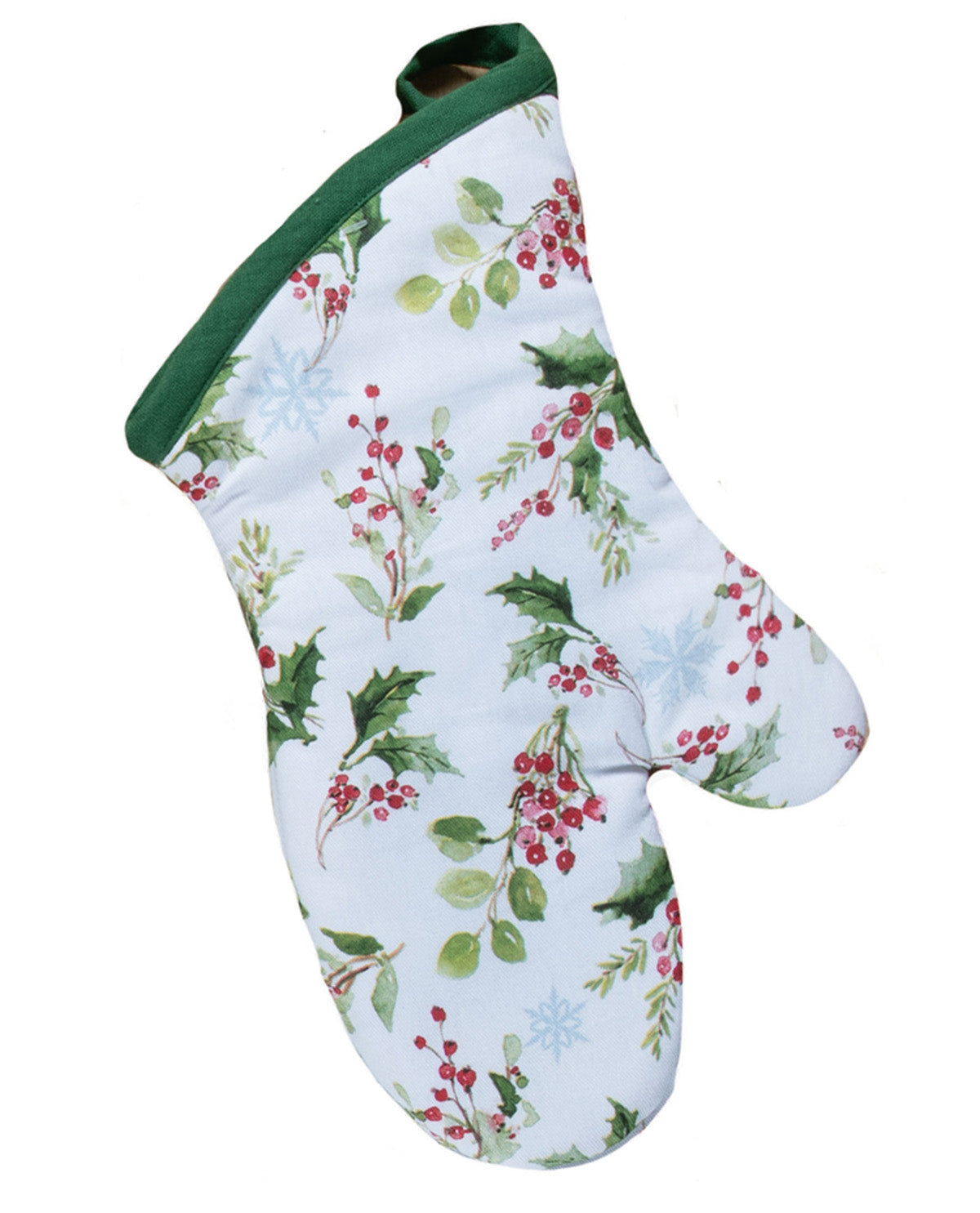 Oven mitt with Christmas-themed design featuring holly berries and green leaves on a white background.