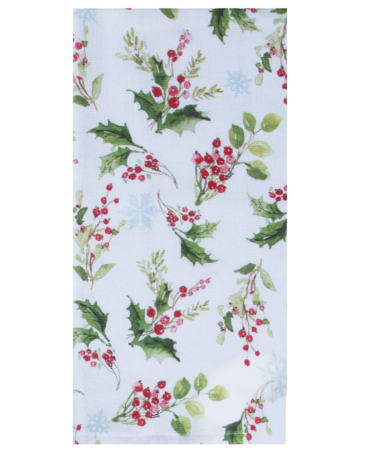 Festive fabric with holly leaves and berries pattern on a light blue background