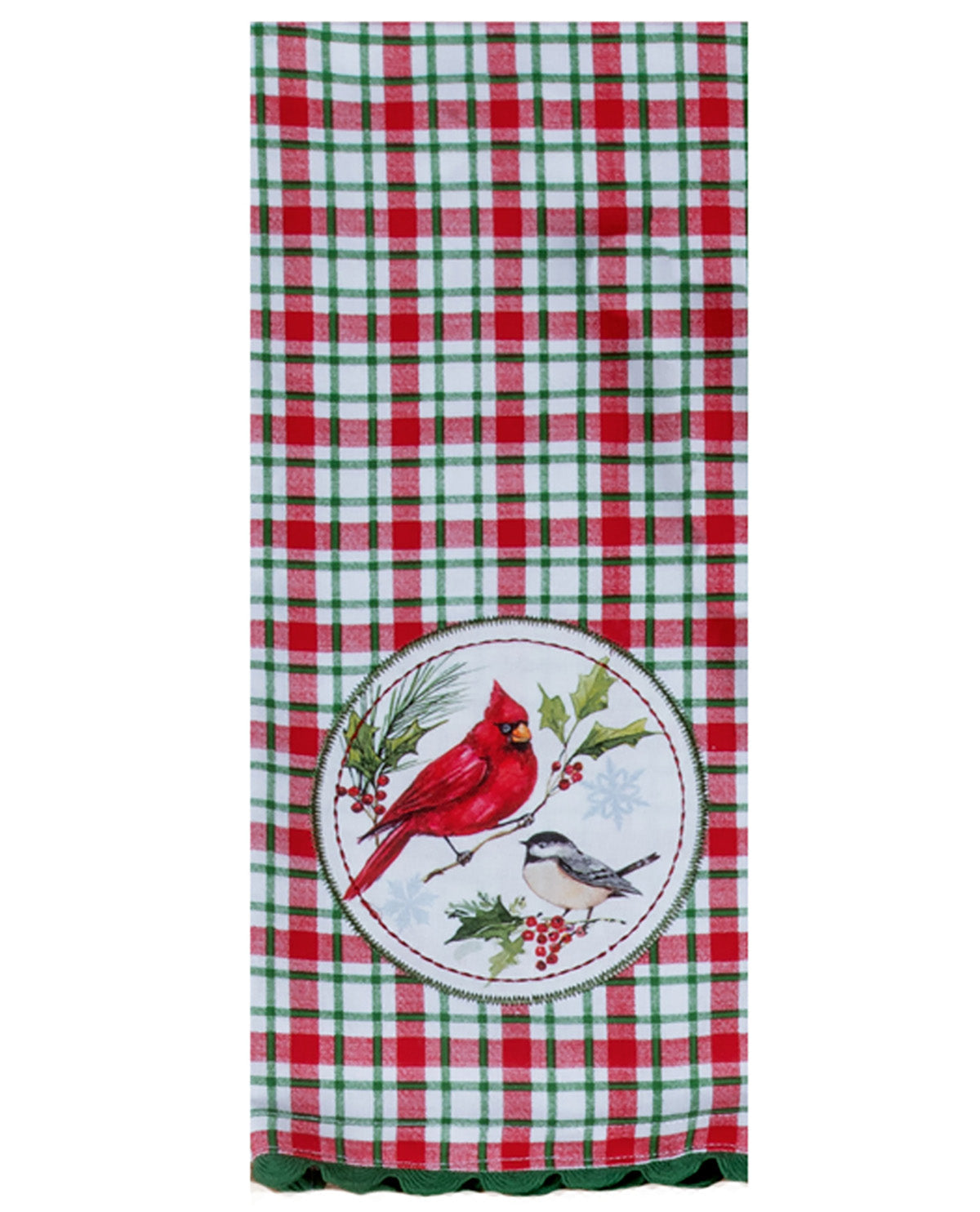 Red and green checkered towel with a cardinal and chickadee design on a white background