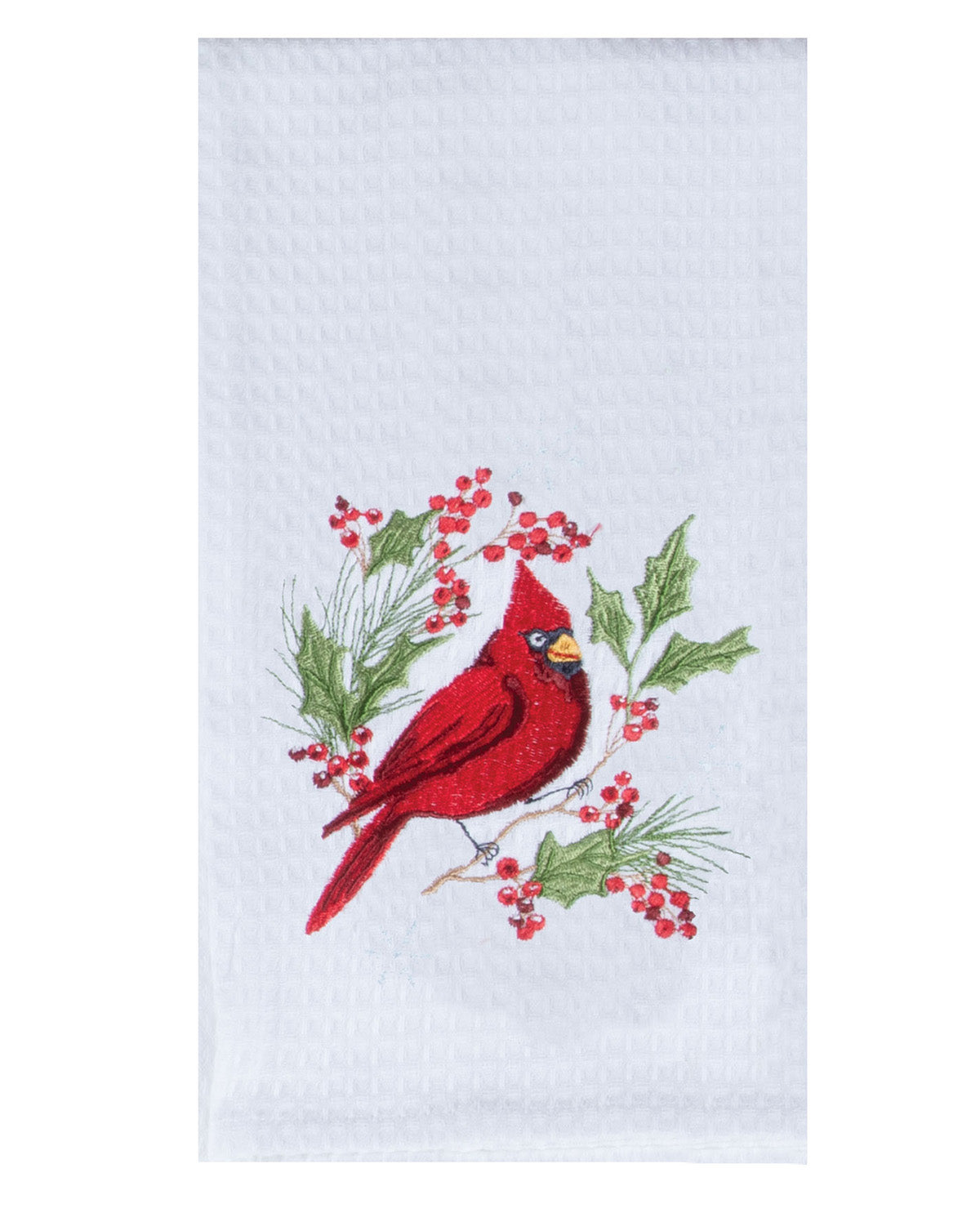 Embroidered red cardinal bird on a white towel with holly berries and leaves.