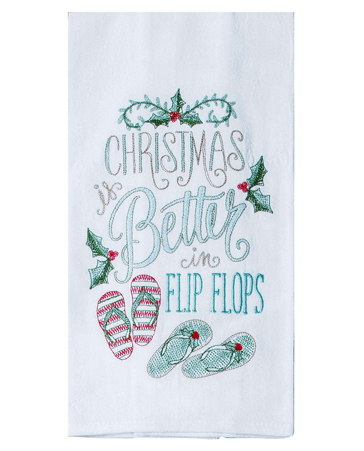 Decorative towel with Christmas-themed text and flip flop designs on a white background