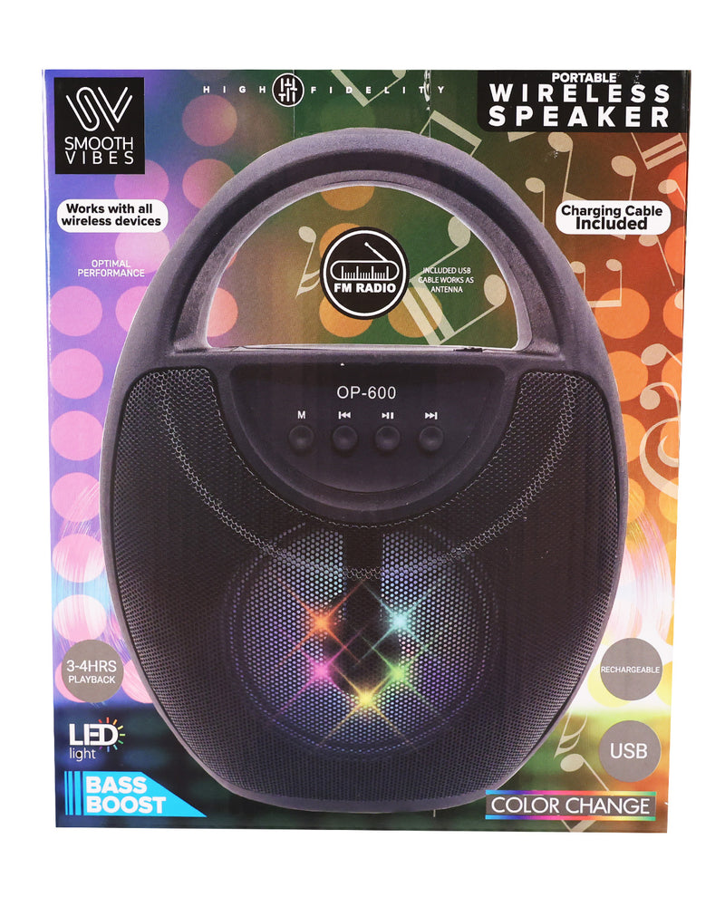 A boxed portable wireless speaker shown on its retail packaging. The package features a large black speaker illustration with colorful light effects, plus text such as 'Portable Wireless Speaker,' 'Charging Cable Included,' '3-HRS PLAYBACK,' 'BASS BOOST,' 'USB,' and 'Color Change.