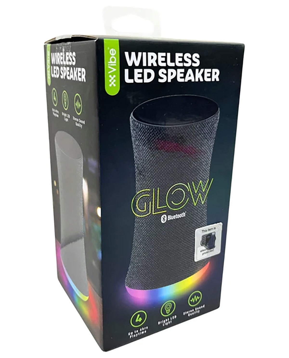 Vibe Bluetooth wireless LED speaker in its retail packaging, featuring a black box with a graphic of the glowing speaker and multicolor light accents.