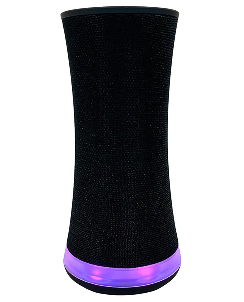 A black cylindrical speaker with a textured fabric mesh body and a glowing purple LED light band around the base, shown against a plain white background.