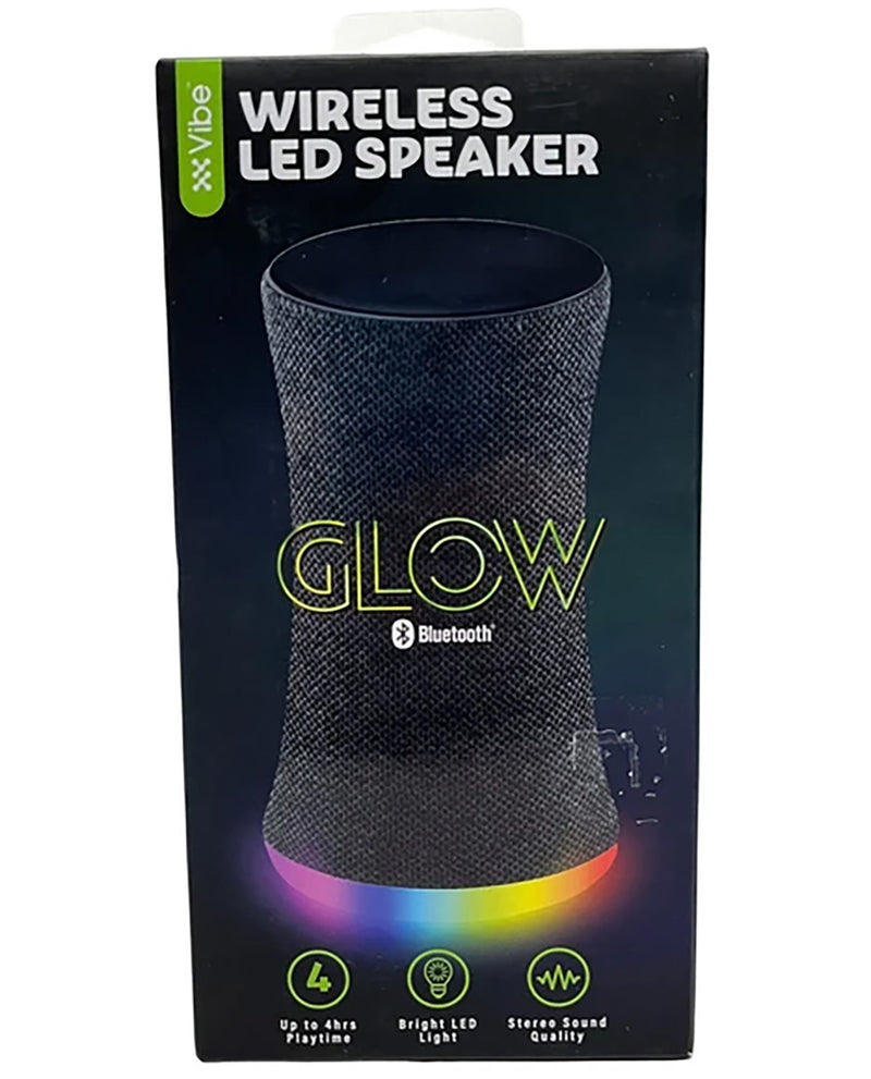 Vibe Bluetooth wireless LED speaker in its retail packaging, featuring a black box with a graphic of the speaker and a colorful rainbow light band.