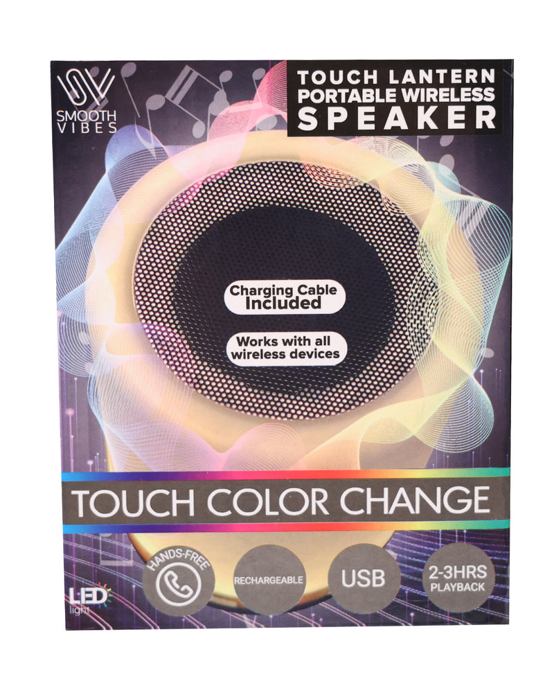Product packaging for a 'Touch Lantern Portable Wireless Speaker' by Smooth Vibes, featuring a colorful graphic of a glowing speaker with text highlighting key features like touch color change, USB charging, and 2-3 hours playback.