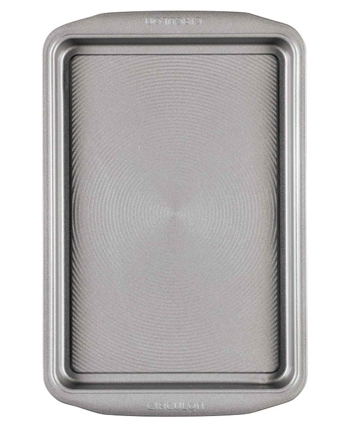A round metal cake pan with a textured non-stick surface, shown from a top-down view on a white background.