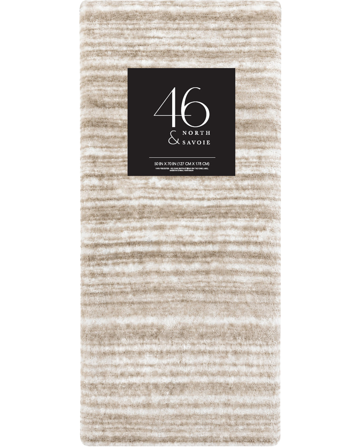 Textured rug with a '46 North & Sanoie' label on a white background