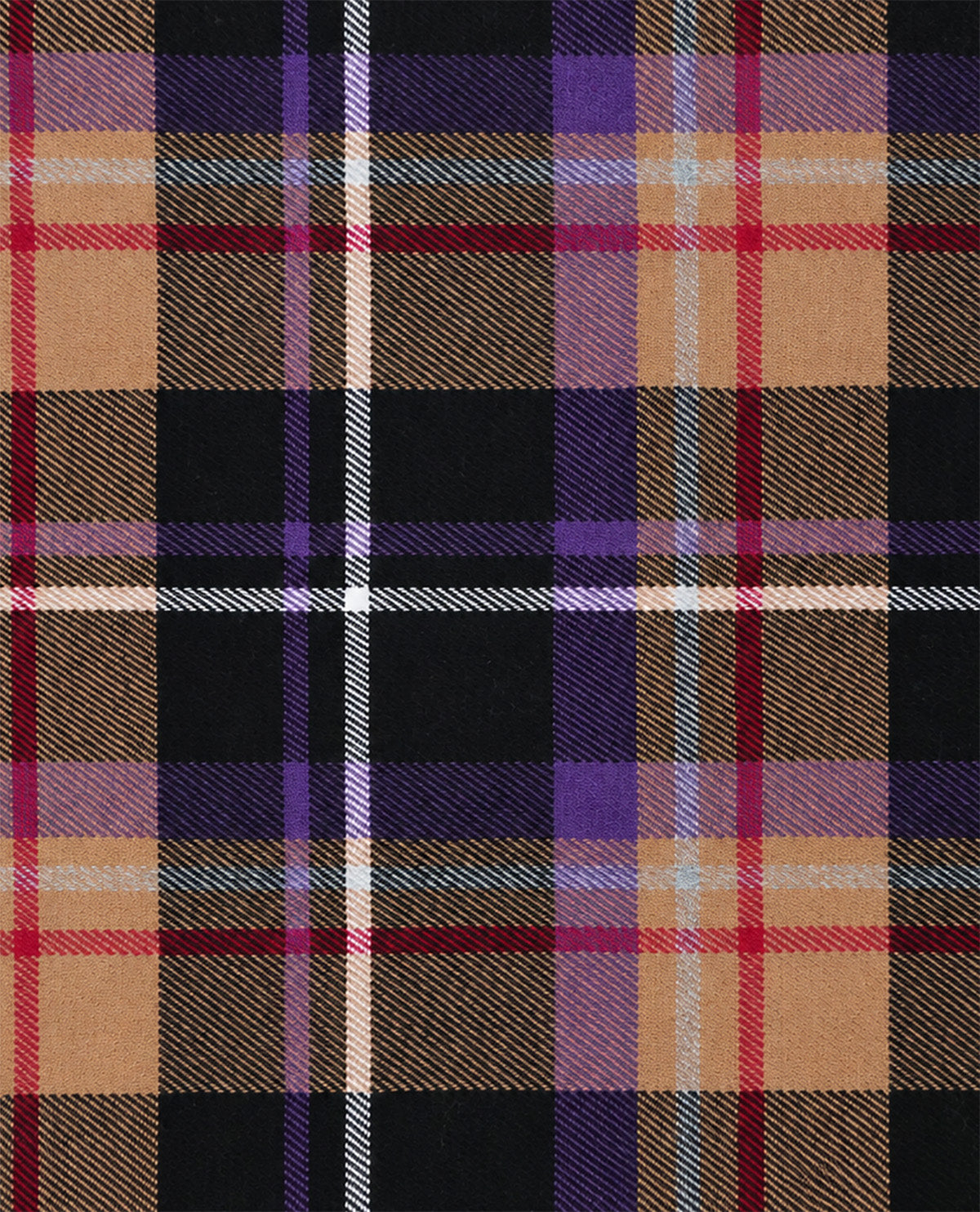 A close-up of a tartan plaid fabric pattern with black, purple, tan, red, and white stripes.