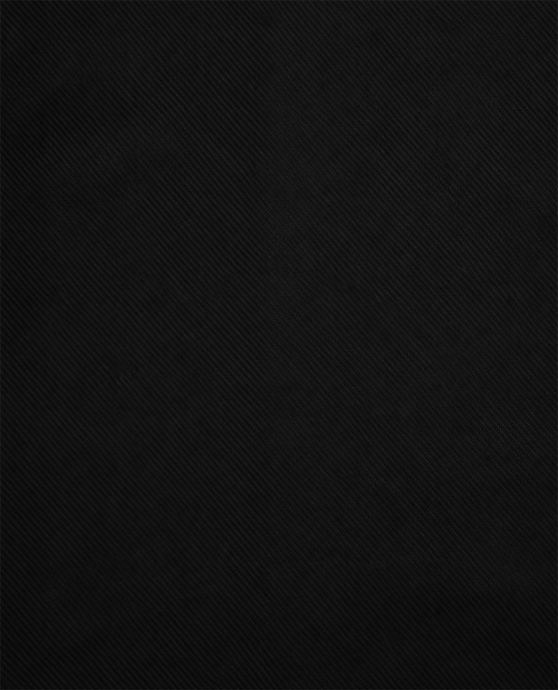 A close-up of a solid black textured fabric with a fine diagonal twill weave pattern.