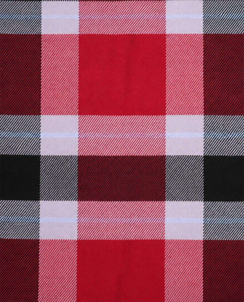 A close-up of a tartan plaid fabric pattern featuring red, pink, white, black, and gray stripes.