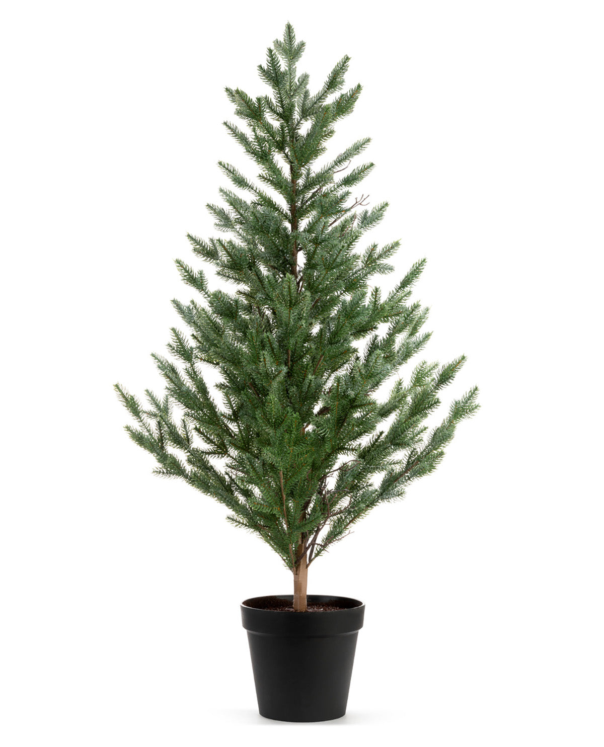 An artificial conifer-style Christmas tree with dense green needles and a brown trunk, potted in a simple black plastic nursery pot against a plain white background.