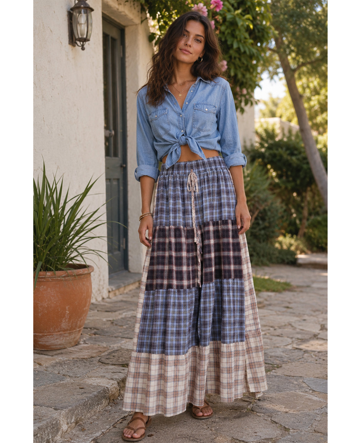 Oddi Mixed Plaid Tiered Pants Blue