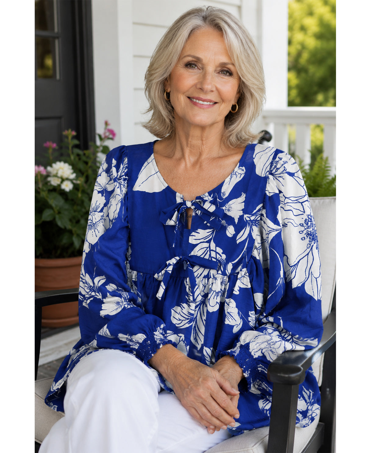 Oddi Print Top With Ties Blue