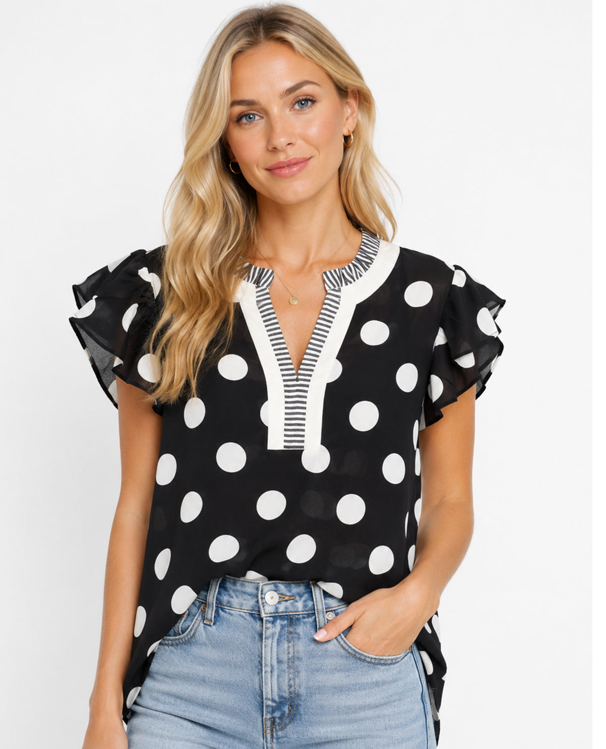 Oddi Flutter Sleeve Polka Dot Top Black/White