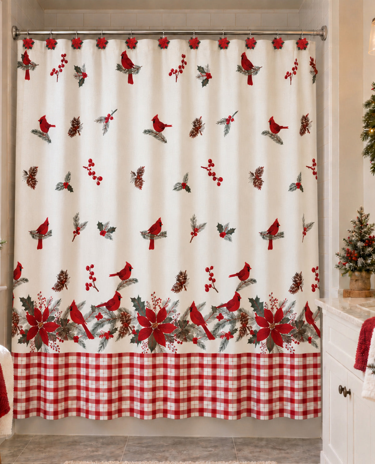 Christmas Cardinal Garland Shower Curtain Set