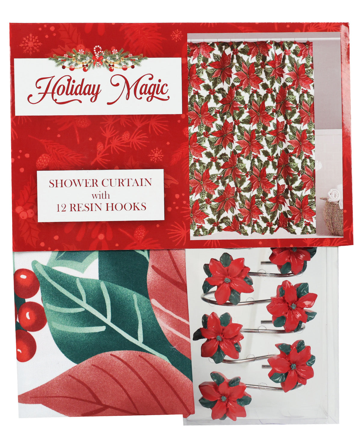 Holiday Magic Christmas Shower Curtain & Poinsettia Resin Hook Set