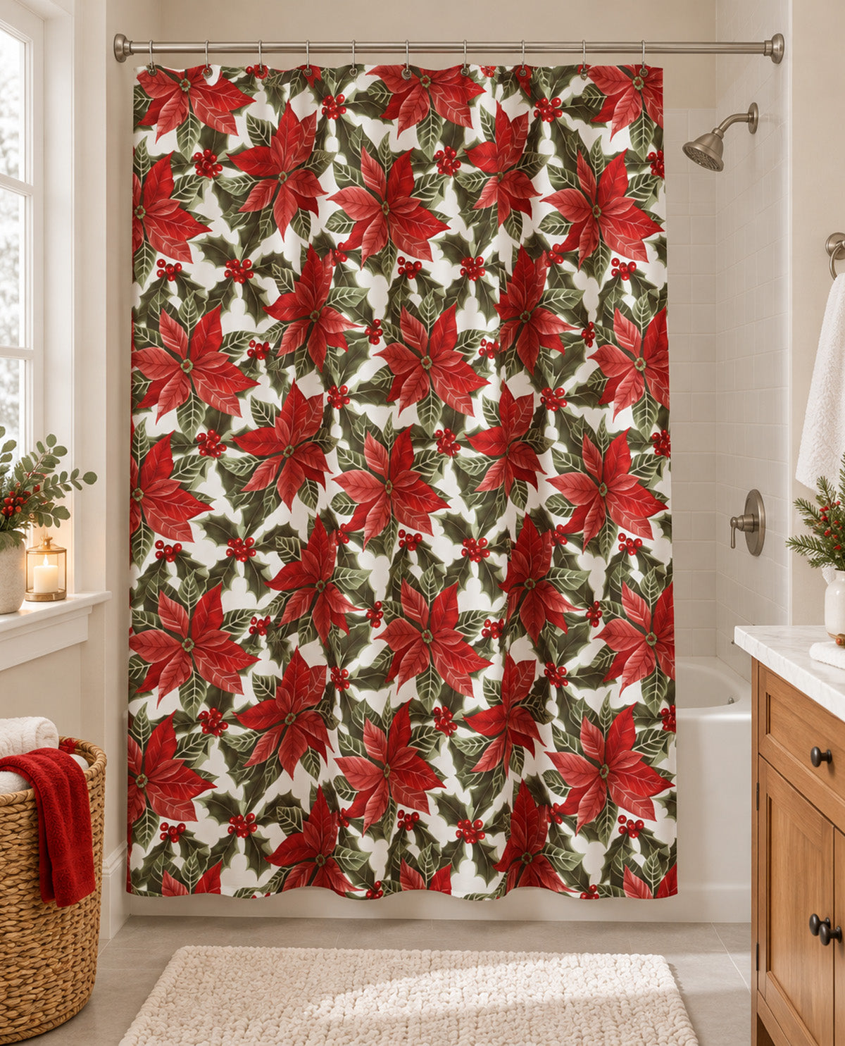 Holiday Magic Christmas Shower Curtain & Poinsettia Resin Hook Set