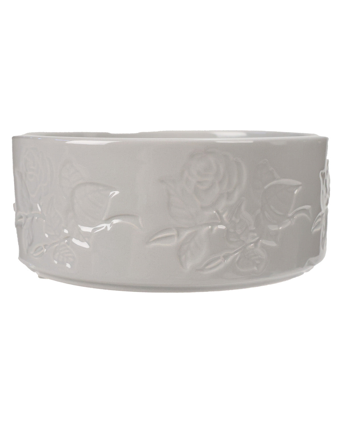 A white ceramic bowl with embossed floral rose patterns, shown against a plain white background.