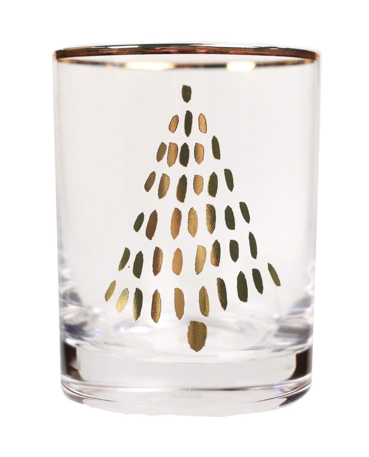 A clear glass tumbler with a metallic gold foil Christmas tree design on the front and a gold rim, shown against a plain white background.