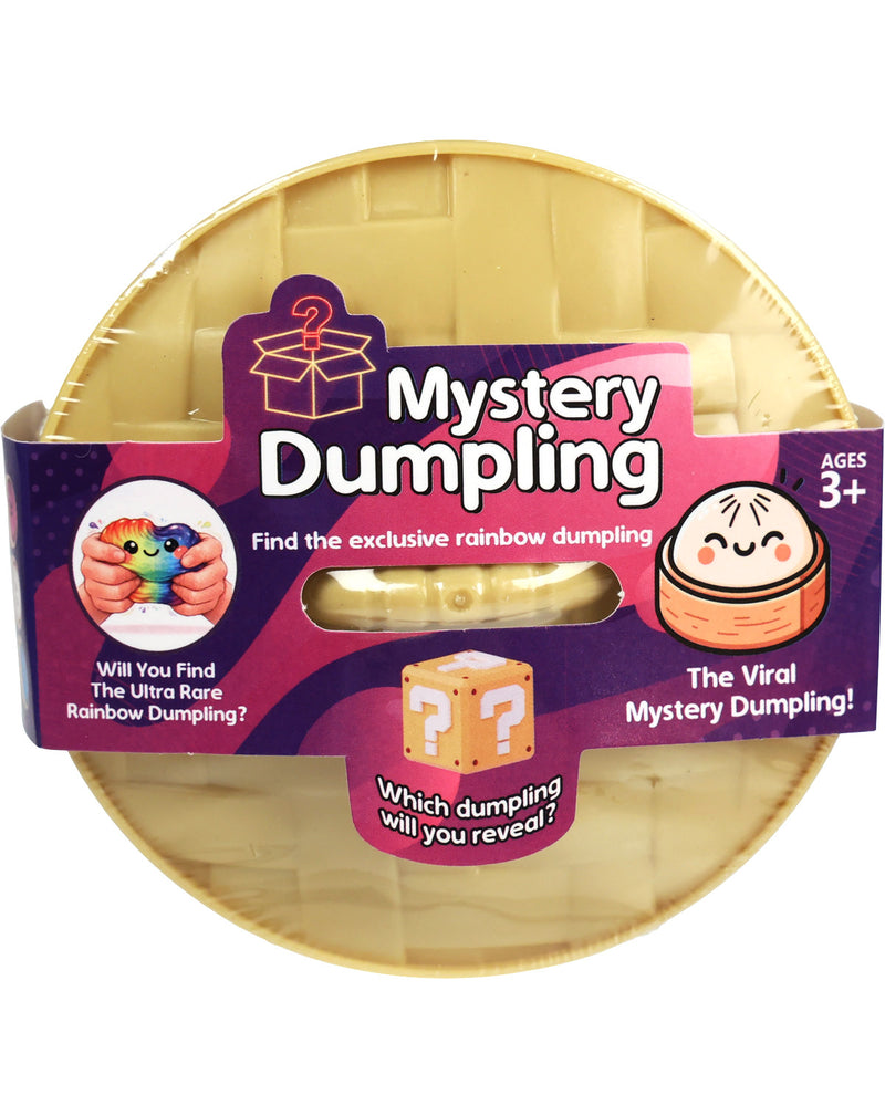 Mystery Dumpling packaging with a yellow dumpling and purple label on a white background