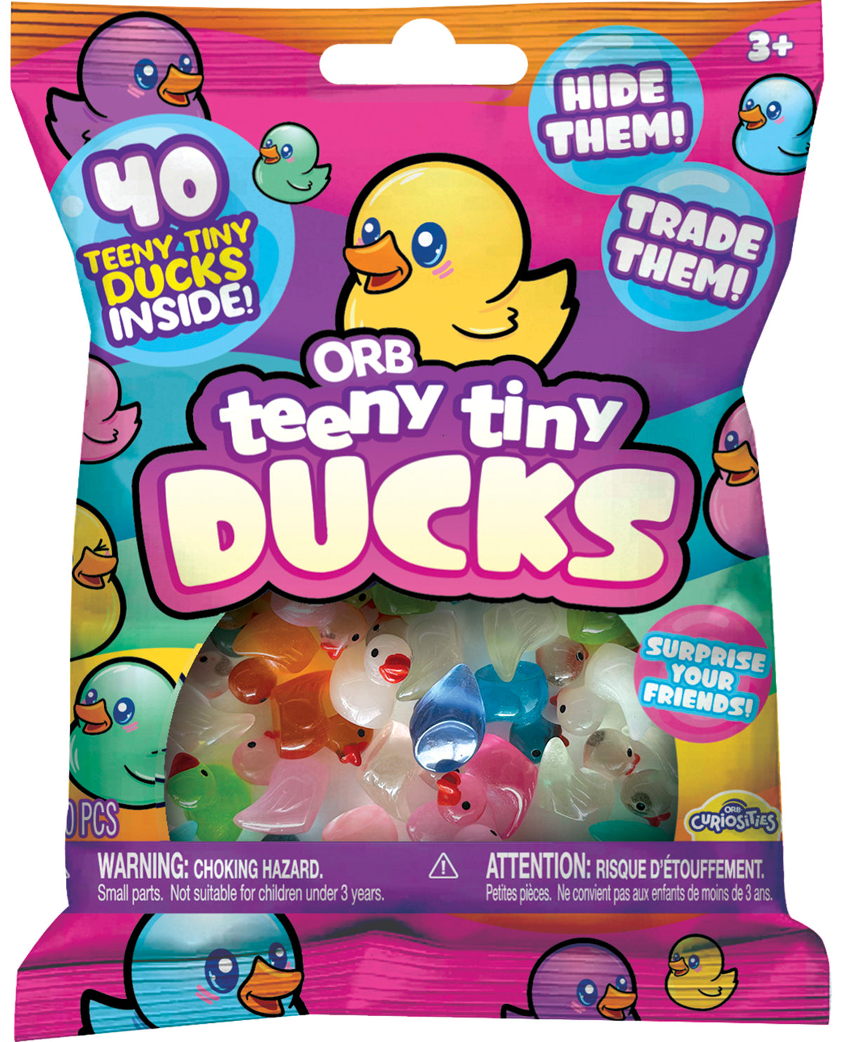 Packaging of Orb teeny tiny Ducks with colorful design and text.